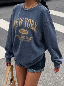 Comfortcana Plus Size Women's Letter Print Crew Neck Drop Shoulder Long Sleeve Casual Sweatshirt - Navy Blue - View 5