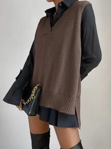 SHEIN Women's Casual Versatile Solid Color Knitted Vest - Brown - View 5