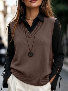 SHEIN Women's Casual Versatile Solid Color Knitted Vest - Brown - View 1