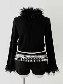 Sunspun Plus Size Women Knit Cardigan, Furry Trim Collar & Cuffs, Slim Fit Solid Color Elegant Knitted Top, Fall Winter Essential Outerwear - Black - View 2