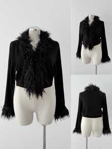 Sunspun Plus Size Women Knit Cardigan, Furry Trim Collar & Cuffs, Slim Fit Solid Color Elegant Knitted Top, Fall Winter Essential Outerwear - Black - View 6