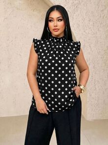 SHEIN SXY Plus Size Women's Polka Dot Pattern Stand Collar Short Flutter Sleeve Blouse - Black and White - View 7