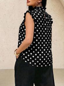 SHEIN SXY Plus Size Women's Polka Dot Pattern Stand Collar Short Flutter Sleeve Blouse - Black and White - View 2