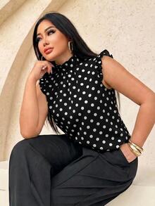 SHEIN SXY Plus Size Women's Polka Dot Pattern Stand Collar Short Flutter Sleeve Blouse - Black and White - View 5