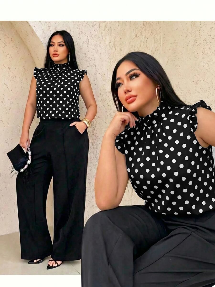 SHEIN SXY Plus Size Women's Polka Dot Pattern Stand Collar Short Flutter Sleeve Blouse - Black and White - View 1