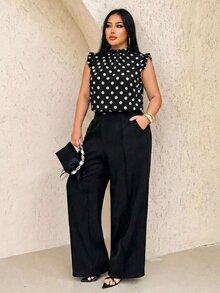 SHEIN SXY Plus Size Women's Polka Dot Pattern Stand Collar Short Flutter Sleeve Blouse - Black and White - View 4