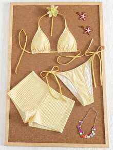 SHEIN Swim 女士三件套条纹印花挂脖比基尼套装（含泳裤），夏季泳装 - 彩色 - 查看 2