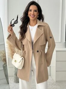 Medorina Classic Basic Style, Button Up Detail, Autumn Jacket Coat, Soft Lightweight, Khaki Brown, Longline Straight, Daily Commute Casual, Fall Winter Clothes - Khaki - View 4