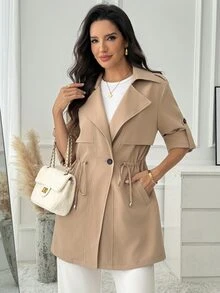 Medorina Classic Basic Style, Button Up Detail, Autumn Jacket Coat, Soft Lightweight, Khaki Brown, Longline Straight, Daily Commute Casual, Fall Winter Clothes - Khaki - View 6