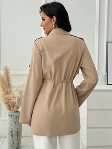 Medorina Classic Basic Style, Button Up Detail, Autumn Jacket Coat, Soft Lightweight, Khaki Brown, Longline Straight, Daily Commute Casual, Fall Winter Clothes - Khaki - View 2