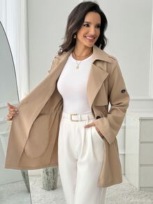 Medorina Classic Basic Style, Button Up Detail, Autumn Jacket Coat, Soft Lightweight, Khaki Brown, Longline Straight, Daily Commute Casual, Fall Winter Clothes - Khaki - View 8