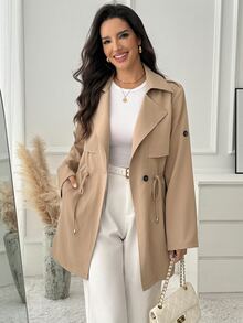 Medorina Classic Basic Style, Button Up Detail, Autumn Jacket Coat, Soft Lightweight, Khaki Brown, Longline Straight, Daily Commute Casual, Fall Winter Clothes - Khaki - View 5