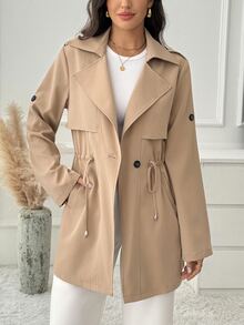 Medorina Classic Basic Style, Button Up Detail, Autumn Jacket Coat, Soft Lightweight, Khaki Brown, Longline Straight, Daily Commute Casual, Fall Winter Clothes - Khaki - View 7