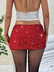 SHEIN EZwear Women's Solid Color Sequin Fashion Versatile Sexy Skirt - Red - View 2