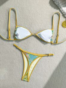 SHEIN Swim 女士度假、情人节、沙滩派对泳装，彩色印花比基尼两件套泳衣，巴西比基尼套装，波西米亚风比基尼，度假图案比基尼，花卉比基尼 - 彩色 - 查看 2