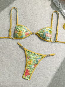 SHEIN Swim 女士度假、情人节、沙滩派对泳装，彩色印花比基尼两件套泳衣，巴西比基尼套装，波西米亚风比基尼，度假图案比基尼，花卉比基尼 - 彩色 - 查看 1
