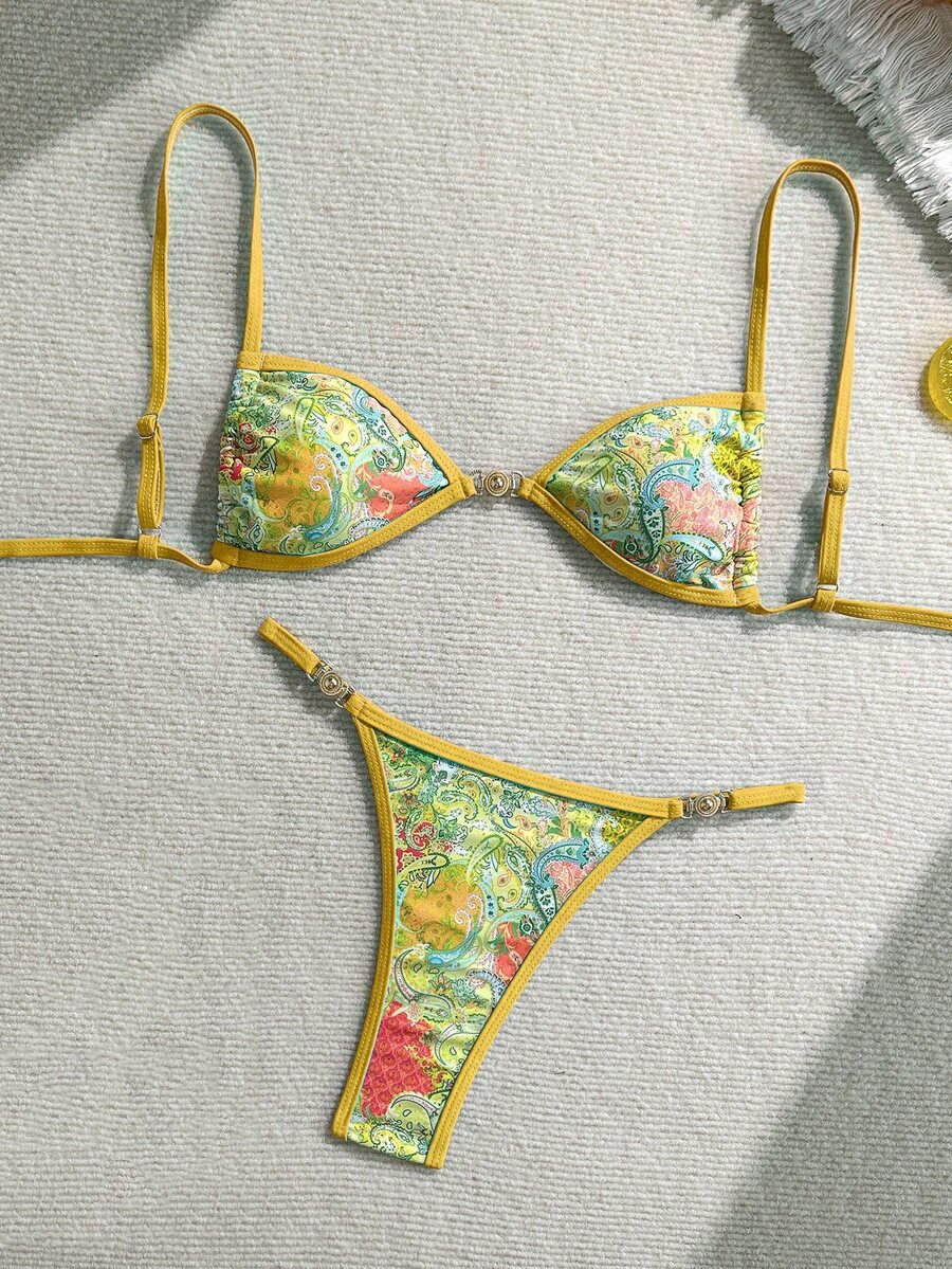 SHEIN Swim 女士度假、情人节、沙滩派对泳装,彩色印花比基尼两件套泳衣,巴西比基尼套装,波西米亚风比基尼,度假图案比基尼,花卉比基尼 - 彩色 - 查看 1