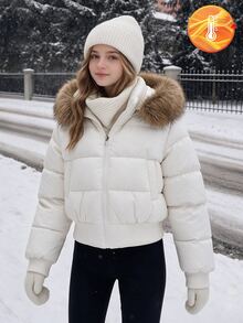 SHEIN 少女長袖搖粒絨冬季Y2K白色短版填充外套，可拆卸毛領連帽面包夾克 - 白色 - 查看 7