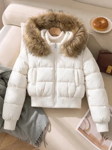 SHEIN 少女長袖搖粒絨冬季Y2K白色短版填充外套，可拆卸毛領連帽面包夾克 - 白色 - 查看 6