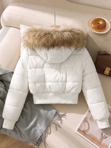 SHEIN 少女長袖搖粒絨冬季Y2K白色短版填充外套，可拆卸毛領連帽面包夾克 - 白色 - 查看 2