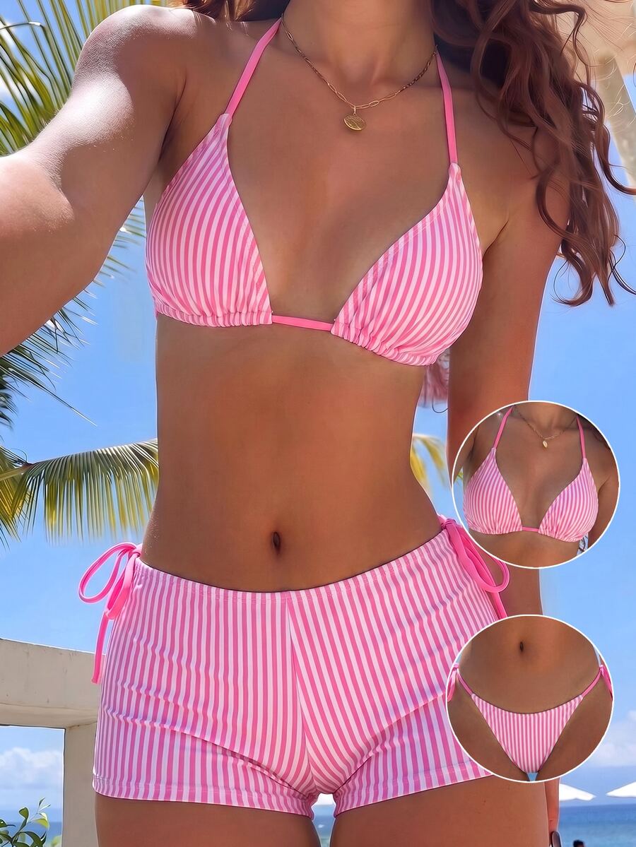 SHEIN Swim 女士夏季条纹印花挂脖比基尼及泳裤三件套泳装 - 粉色 - 查看 1