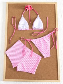 SHEIN Swim 女士夏季条纹印花挂脖比基尼及泳裤三件套泳装 - 粉色 - 查看 5