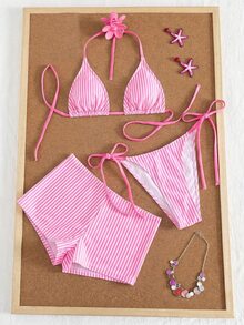 SHEIN Swim 女士夏季条纹印花挂脖比基尼及泳裤三件套泳装 - 粉色 - 查看 2