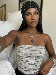 SHEIN BAE Women's Army Green Camo Top/Rhinestone Top/Shiny Top/Tube Top/All Season Wear/Cute Top/Club Top/Party Top/Green Top/Camo Top/Double Layer Top - Army Green - View 5