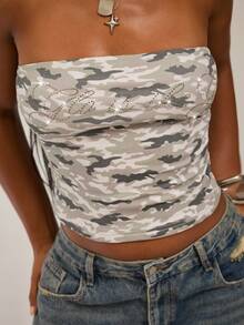 SHEIN BAE Women's Army Green Camo Top/Rhinestone Top/Shiny Top/Tube Top/All Season Wear/Cute Top/Club Top/Party Top/Green Top/Camo Top/Double Layer Top - Army Green - View 1