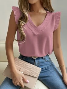 Trelyra Women Blouses Kontras Lace Ruffle Plain Casual - Berwarna merah muda - View 4
