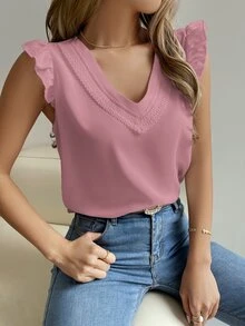 Trelyra Women Blouses Kontras Lace Ruffle Plain Casual - Berwarna merah muda - View 5