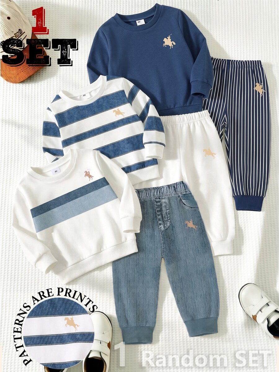 Young Boys 1-Pack Random Set Horse Graphic Crewneck Sweatshirt And Pants Outfit - Multicolor - View 1