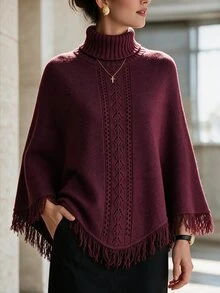 Flora Isola Flora Isola Elegant High Neck Fringe Trim Design Shawl Sweater For Women - Red - View 1