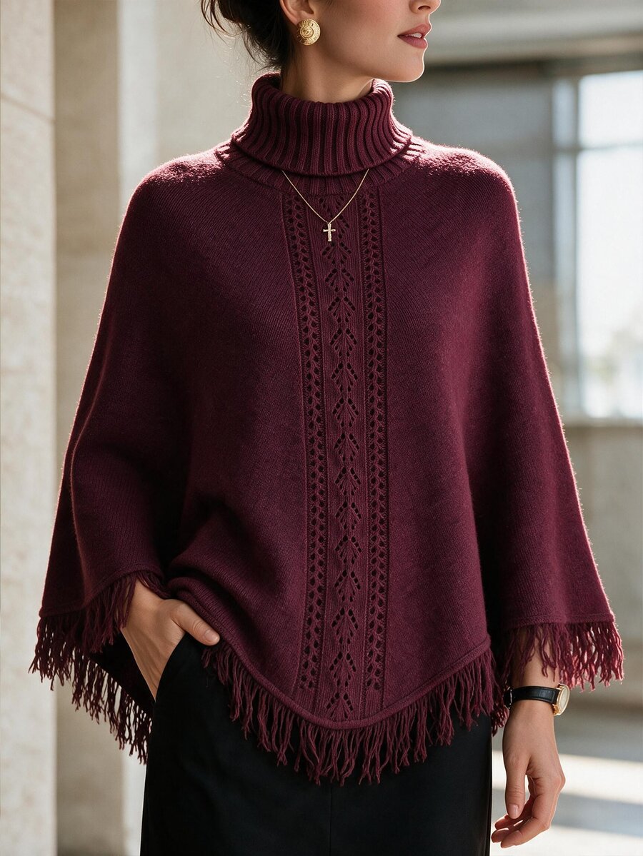 Flora Isola Flora Isola Elegant High Neck Fringe Trim Design Shawl Sweater For Women - Red - View 1