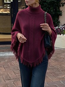 Flora Isola Flora Isola Elegant High Neck Fringe Trim Design Shawl Sweater For Women - Red - View 5