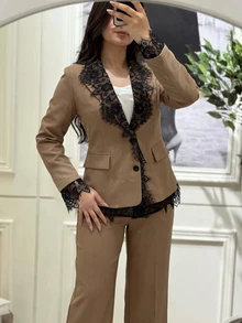 Modelyn Women's Elegant Black Lace Contrast Design Structured Tailored Blazer And Wide Leg Pants Suit Set, Soft Yet Powerful, Plus Size, For Daily Commute And Date - Champagne - View 3
