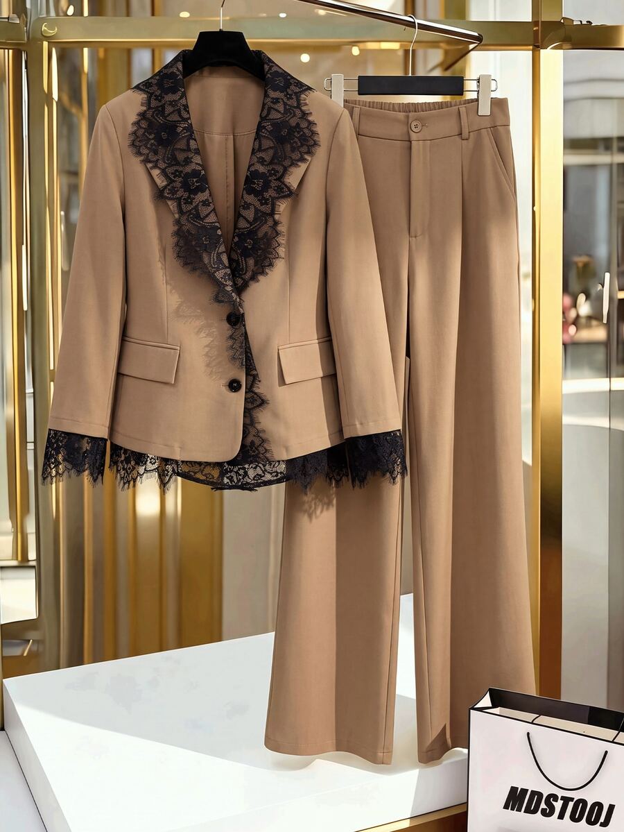 Modelyn Women's Elegant Black Lace Contrast Design Structured Tailored Blazer And Wide Leg Pants Suit Set, Soft Yet Powerful, Plus Size, For Daily Commute And Date - Champagne - View 1