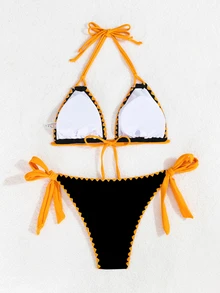 SHEIN Swim 女士性感印花露背系带开衩比基尼套装，时尚海滩度假风 - 黑色 - 查看 5