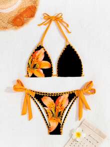 SHEIN Swim 女士性感印花露背系带开衩比基尼套装，时尚海滩度假风 - 黑色 - 查看 4