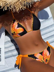 SHEIN Swim 女士性感印花露背系带开衩比基尼套装，时尚海滩度假风 - 黑色 - 查看 3