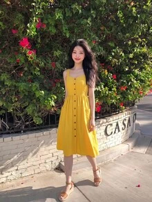 SHEIN MOD Women's Solid Color Button Design Pocket Casual Strap Yellow Dress,Bohemia, Wedding Guest Dress - Yellow - View 5