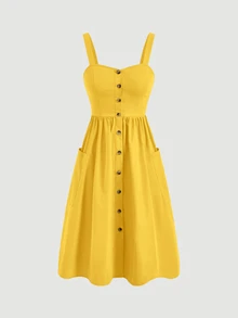 SHEIN MOD Women's Solid Color Button Design Pocket Casual Strap Yellow Dress,Bohemia, Wedding Guest Dress - Yellow - View 2