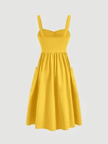 SHEIN MOD Women's Solid Color Button Design Pocket Casual Strap Yellow Dress,Bohemia, Wedding Guest Dress - Yellow - View 3