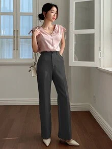 DAZY 女士纯色前开襟纽扣口袋休闲裤，商务休闲风格，女士低腰正装裤 - 灰色 - 查看 2