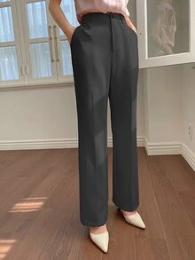 DAZY 女士纯色前开襟纽扣口袋休闲裤，商务休闲风格，女士低腰正装裤 - 灰色 - 查看 4
