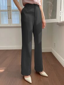 DAZY 女士纯色前开襟纽扣口袋休闲裤，商务休闲风格，女士低腰正装裤 - 灰色 - 查看 3