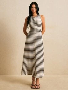 Poéselle 女款休閒法式優雅極簡配色開襟圓領針織開襟洋裝，舒適日常街頭通勤早午餐度假夏季穿搭 - 黑與白 - 查看 4