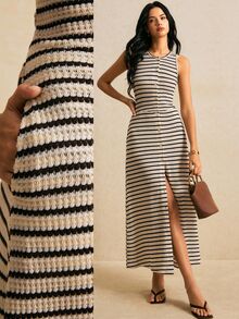 Poéselle 女款休閒法式優雅極簡配色開襟圓領針織開襟洋裝，舒適日常街頭通勤早午餐度假夏季穿搭 - 黑與白 - 查看 2