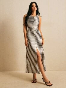 Poéselle 女款休閒法式優雅極簡配色開襟圓領針織開襟洋裝，舒適日常街頭通勤早午餐度假夏季穿搭 - 黑與白 - 查看 8