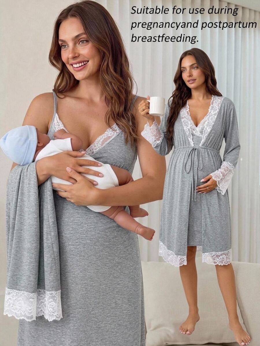 Slowluna Maternity Lace Patchwork Cami Dress And Robe Casual Daily 2 Pieces Set Fall - Grey - View 1